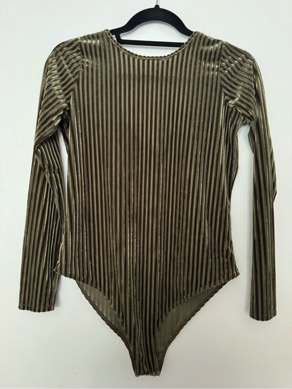 Forever 21 Olive Green Ribbed Velvet Long-Sleeve Bodysuit